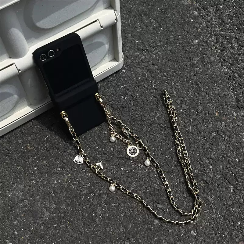 Galaxy Z Flip Luxury Black Case with Chain & Card Holder