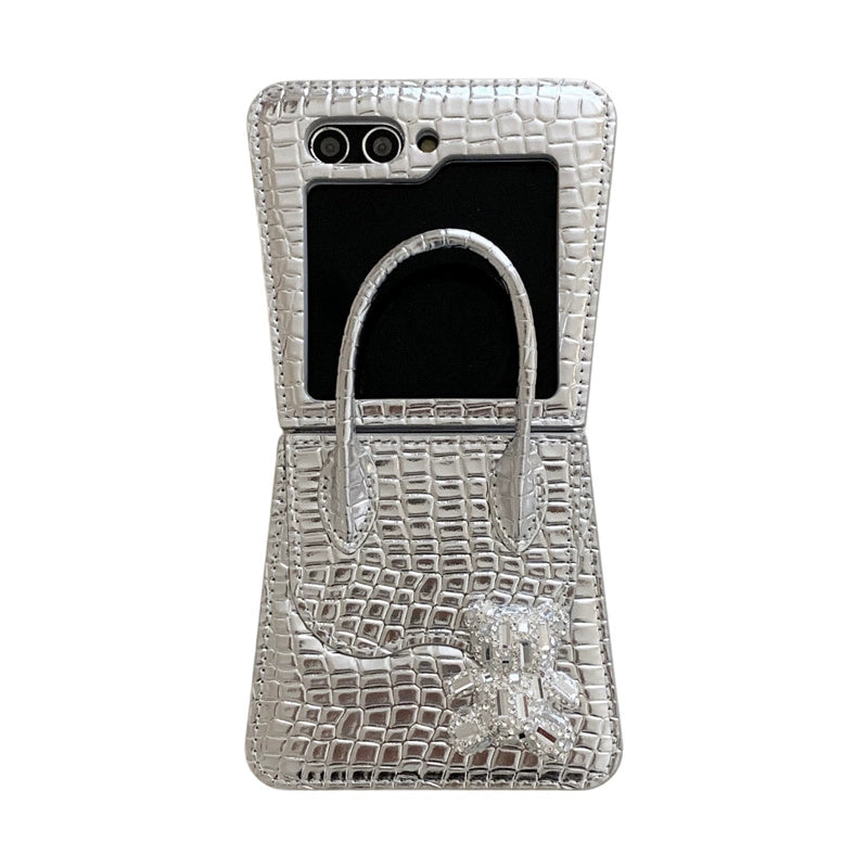 Luxury Croc Texture Sparkling Bear Crossbody Case for Galaxy Z Flip