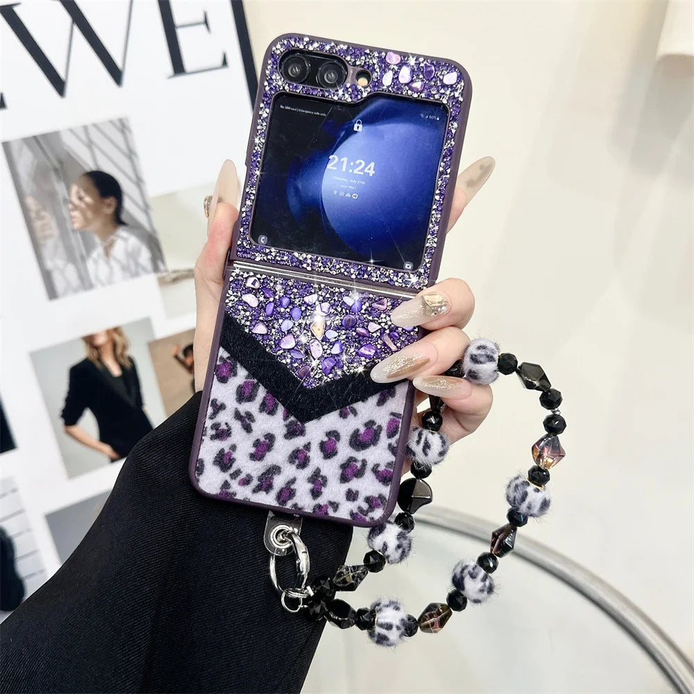 Leopard Glitter Gemstone Case with Bracelet for Galaxy Z Flip Series