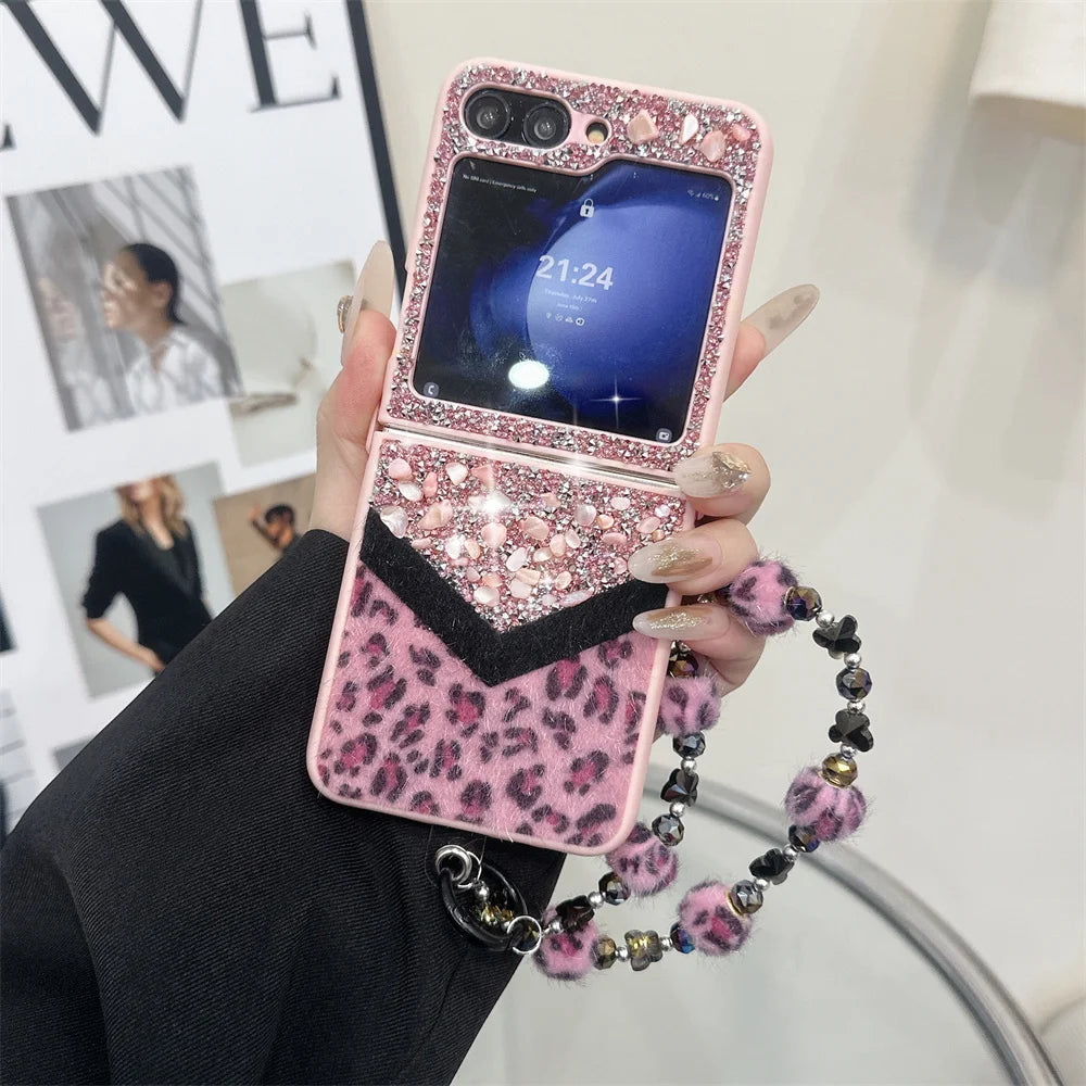 Leopard Glitter Gemstone Case with Bracelet for Galaxy Z Flip Series