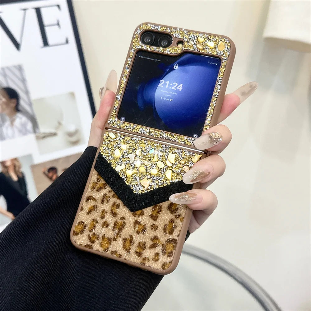 Leopard Glitter Gemstone Case with Bracelet for Galaxy Z Flip Series