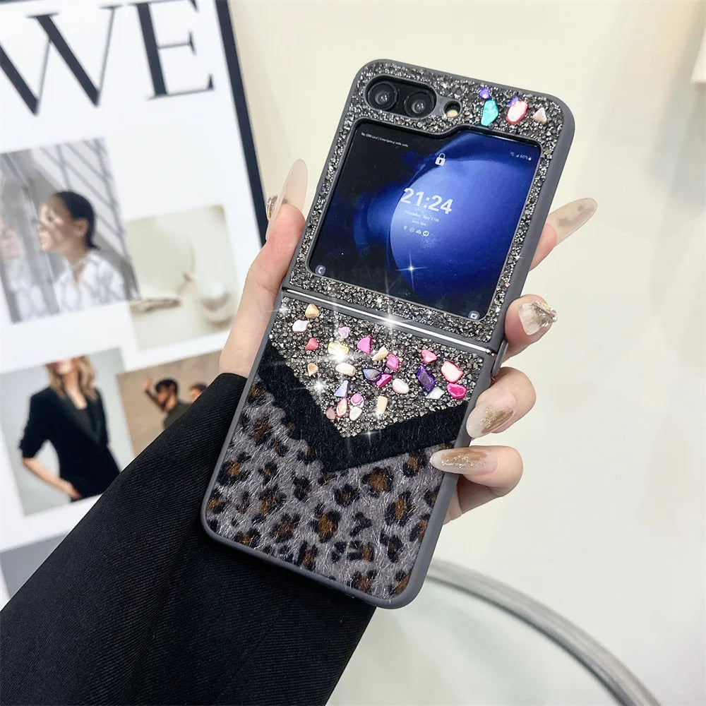 Leopard Glitter Gemstone Case with Bracelet for Galaxy Z Flip Series