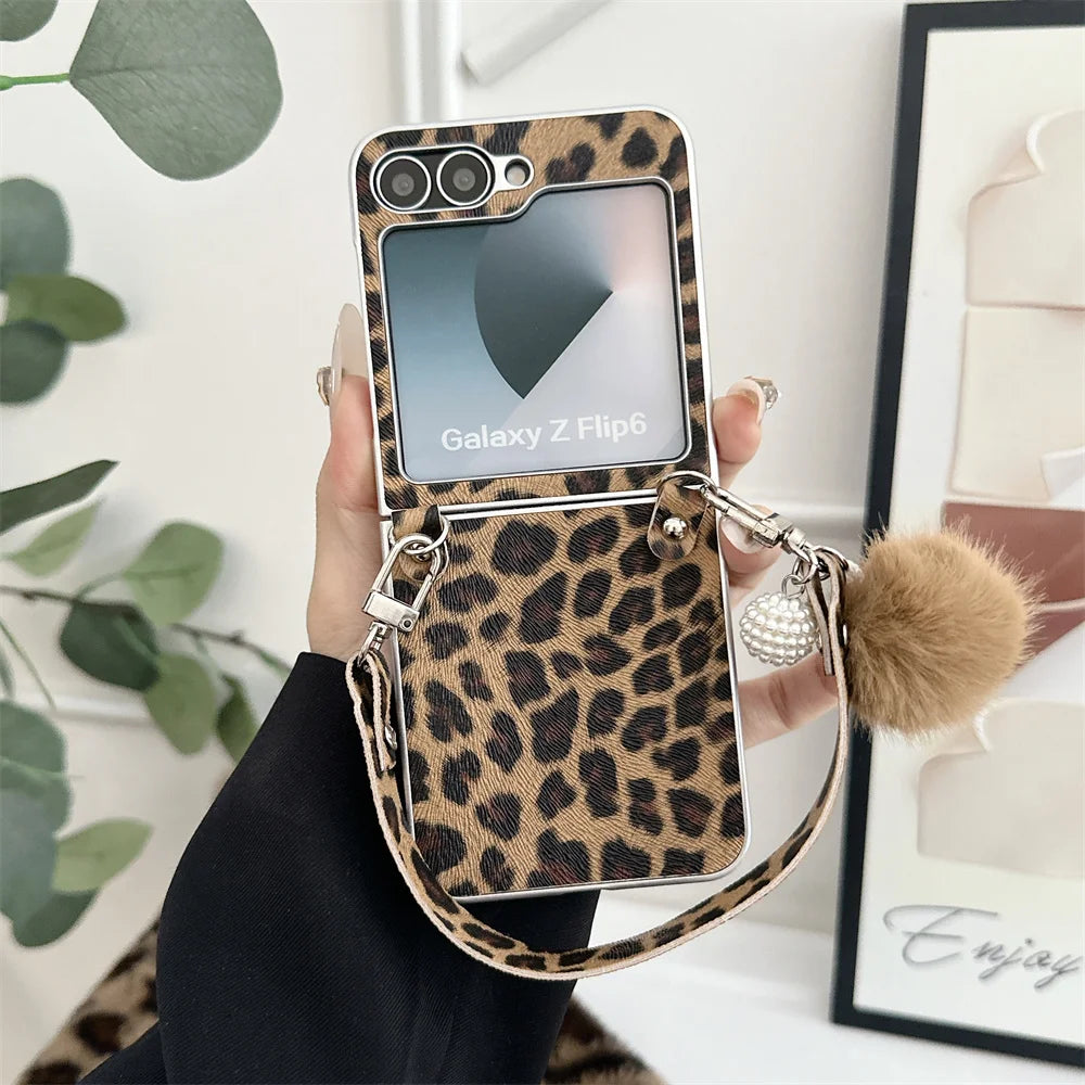 Furry Leopard Case with Hairball Pendant for Galaxy Z Flip Series